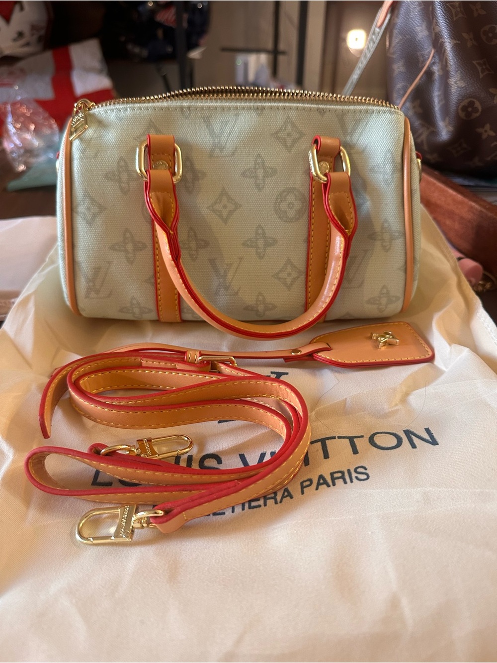 Source Unknown Cream Monogram Crossbody with Tan & Red Trim